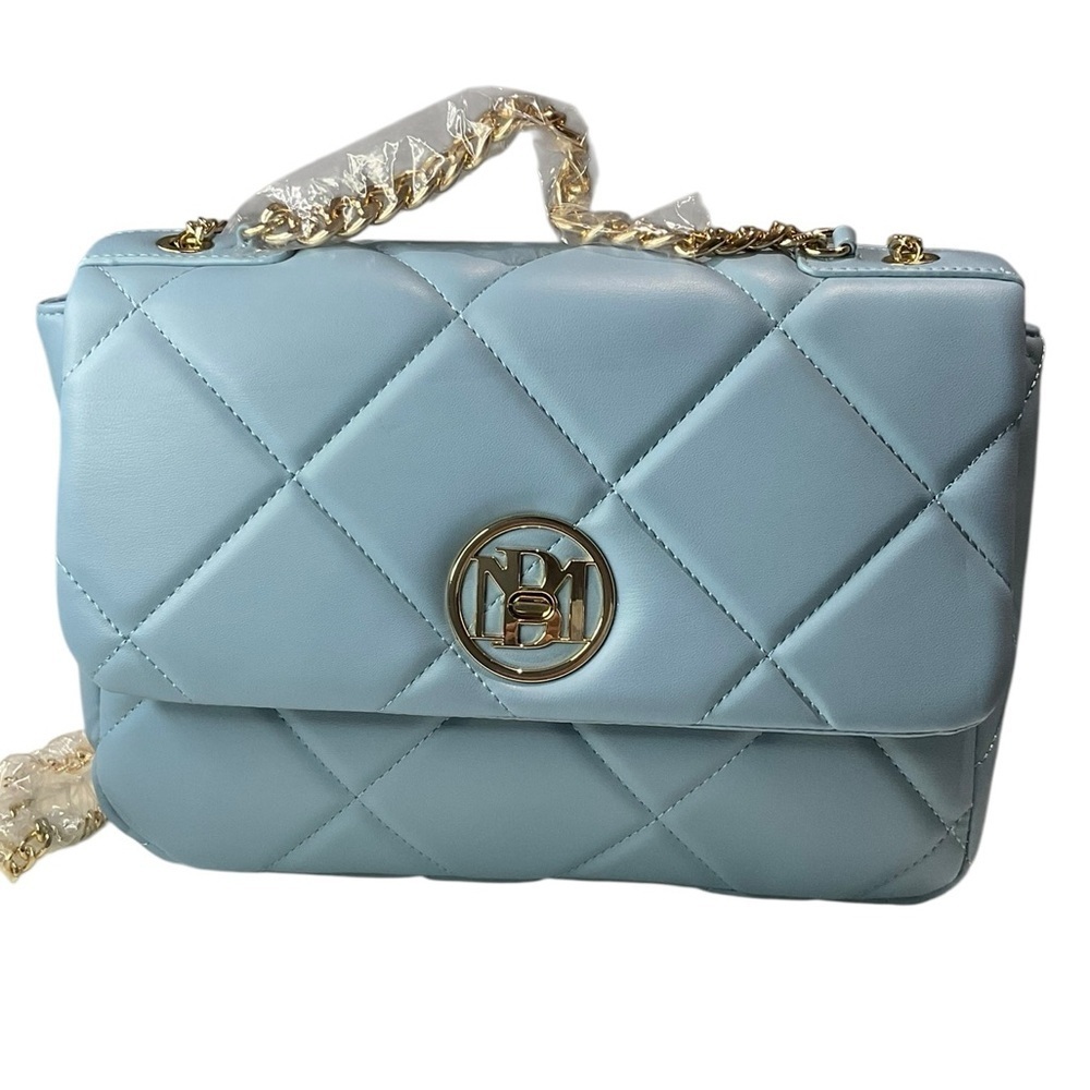 Badgley Mischka Light Blue Quilted Letter Lock Shoulder Hand Bag